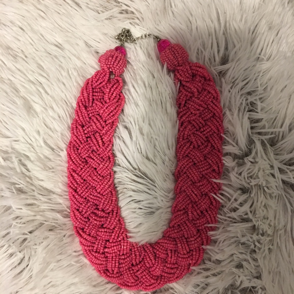 Pink braided, beaded statement necklace