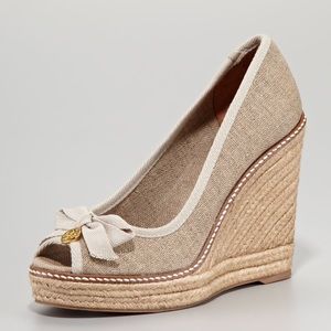 Tory Burch Peep Toe Wedge Espadrilles - Metallic