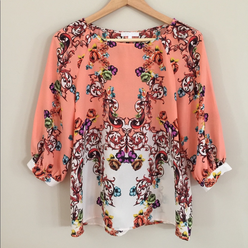 Peach floral blouse with 3/4 sleeves size small