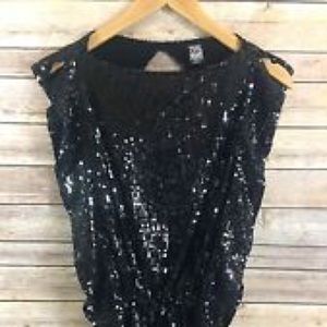 Free People Black Sequin Short Sleeve Top XS