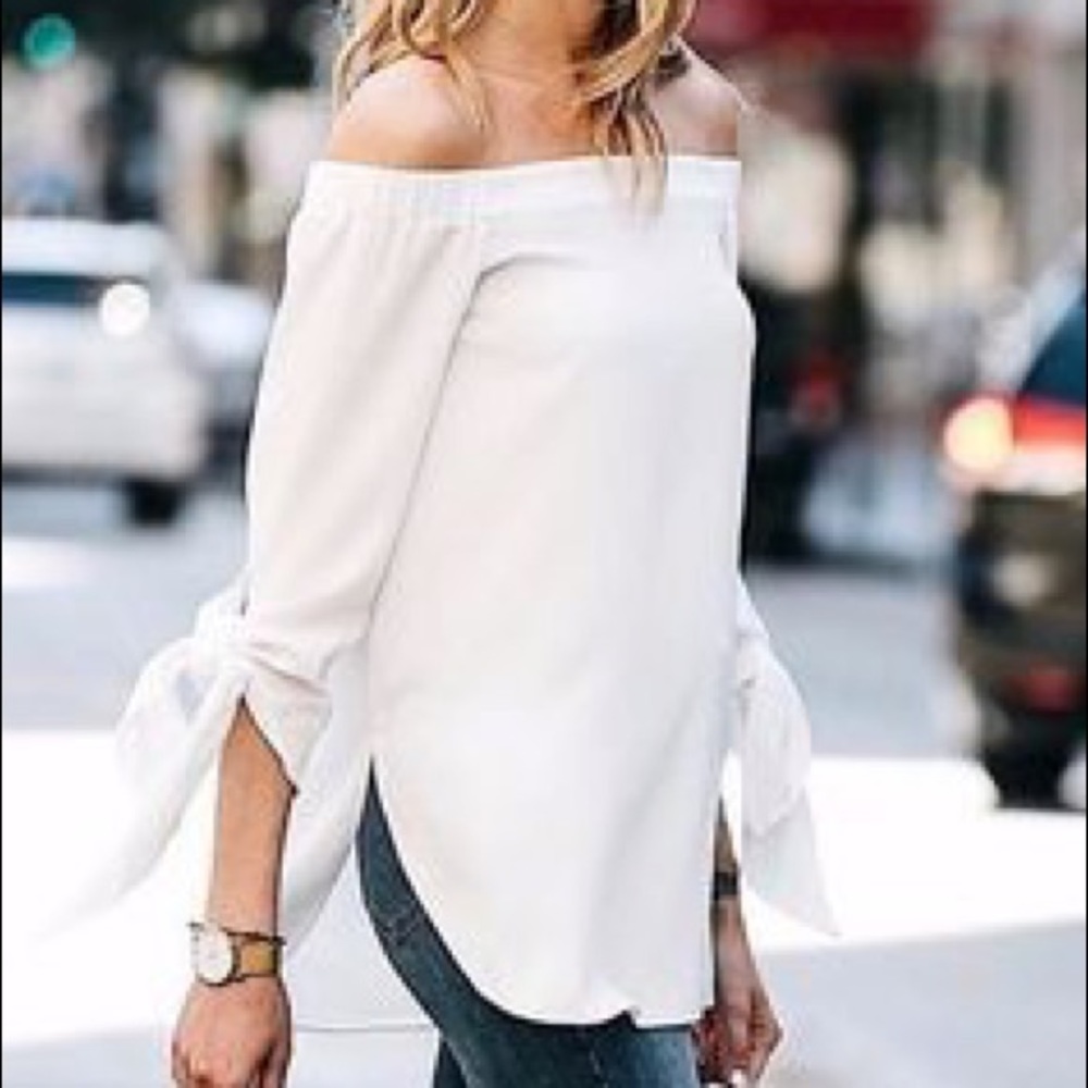 i Jeans By Buffalo Off Shoulder Tie Sleeve Top