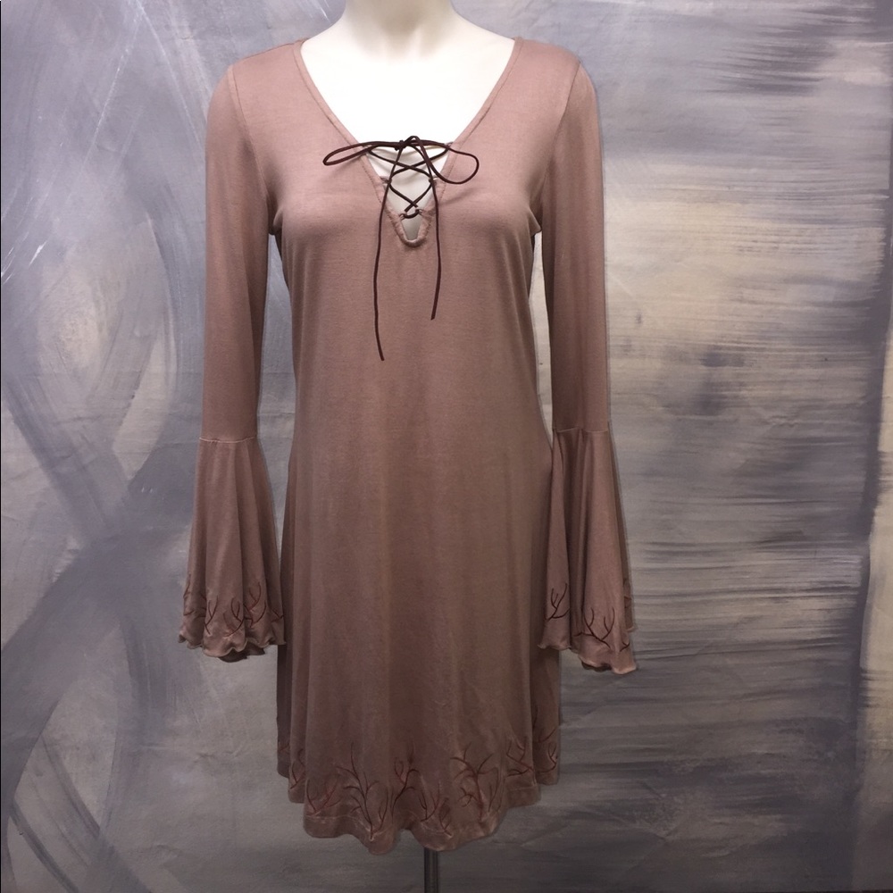 Tan Bell Sleeve Dress with Brown Detail