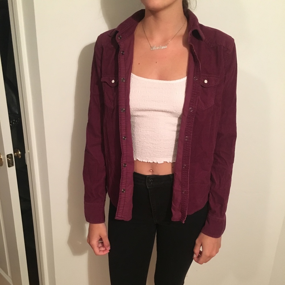 Deep burgundy American Eagle corduroy button up
