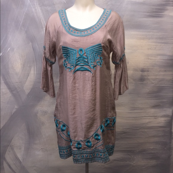 Tan Dress with Bell Sleeve and Teal Detail - Picture 1 of 3