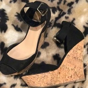Black and Tan Ankle Strap Wedges