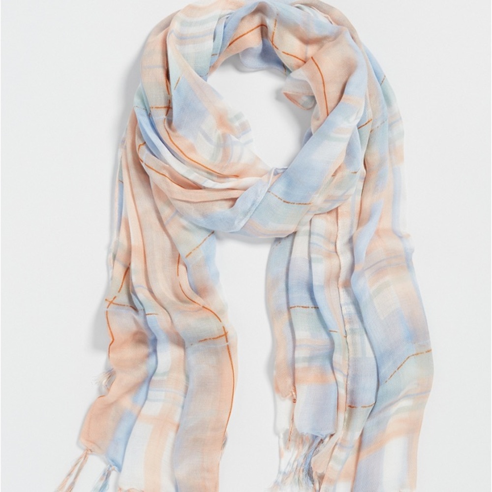 Pastel multi-color plaid fringed scarf