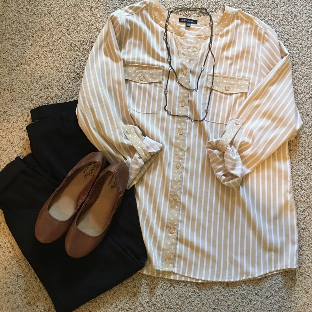 Cream & White Striped Top with Polka Dot Accents