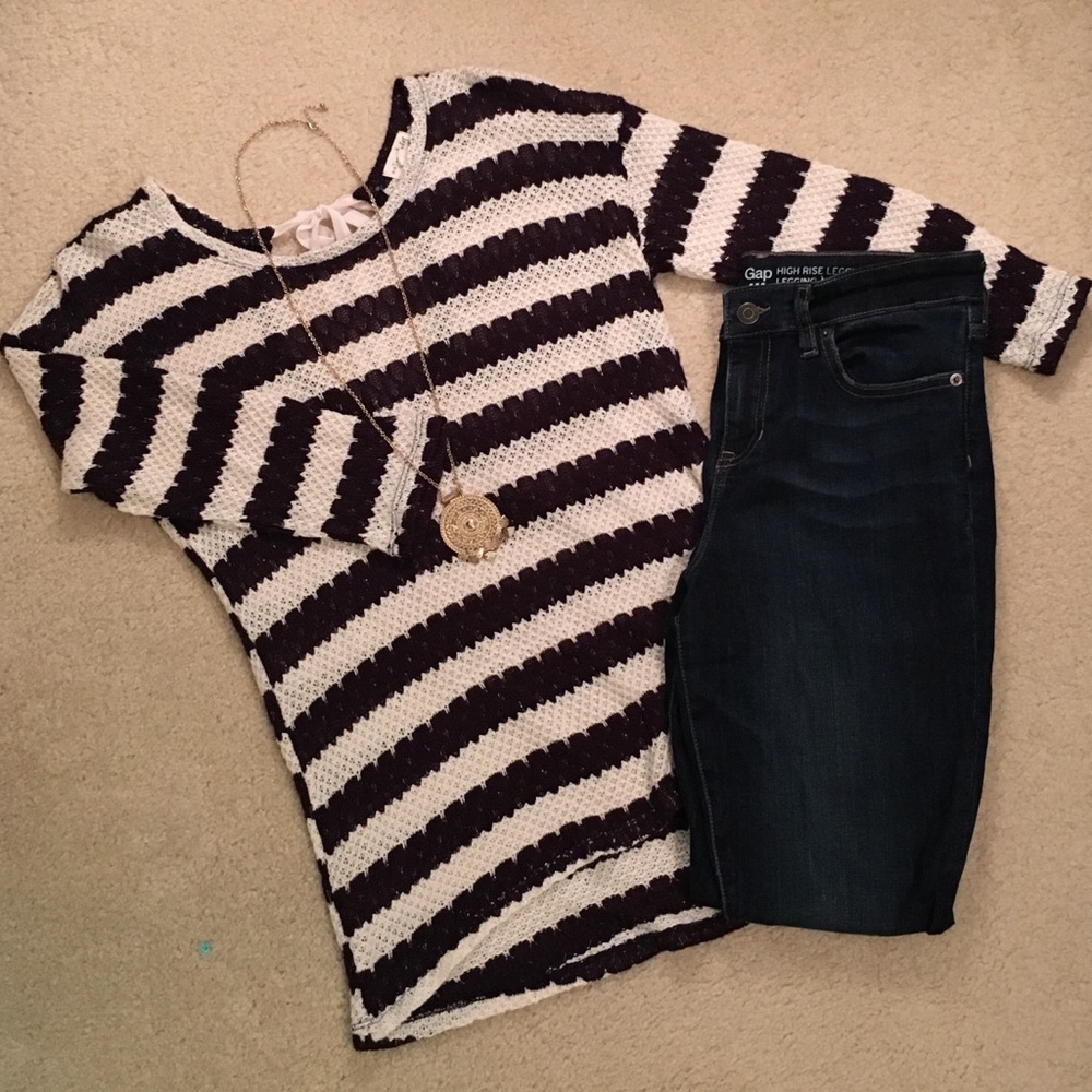 Macy's Maison Jules Navy and Cream Striped Sweater