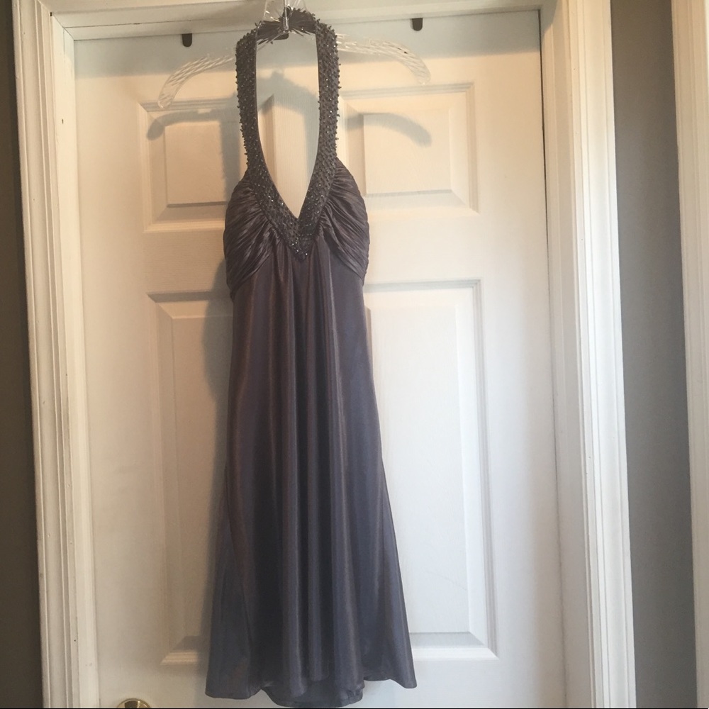 Morgan & Co. satin pewter evening dress, size L