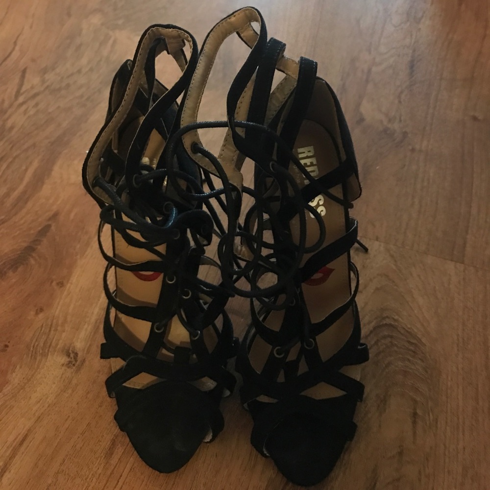 Black suede lace up high heels