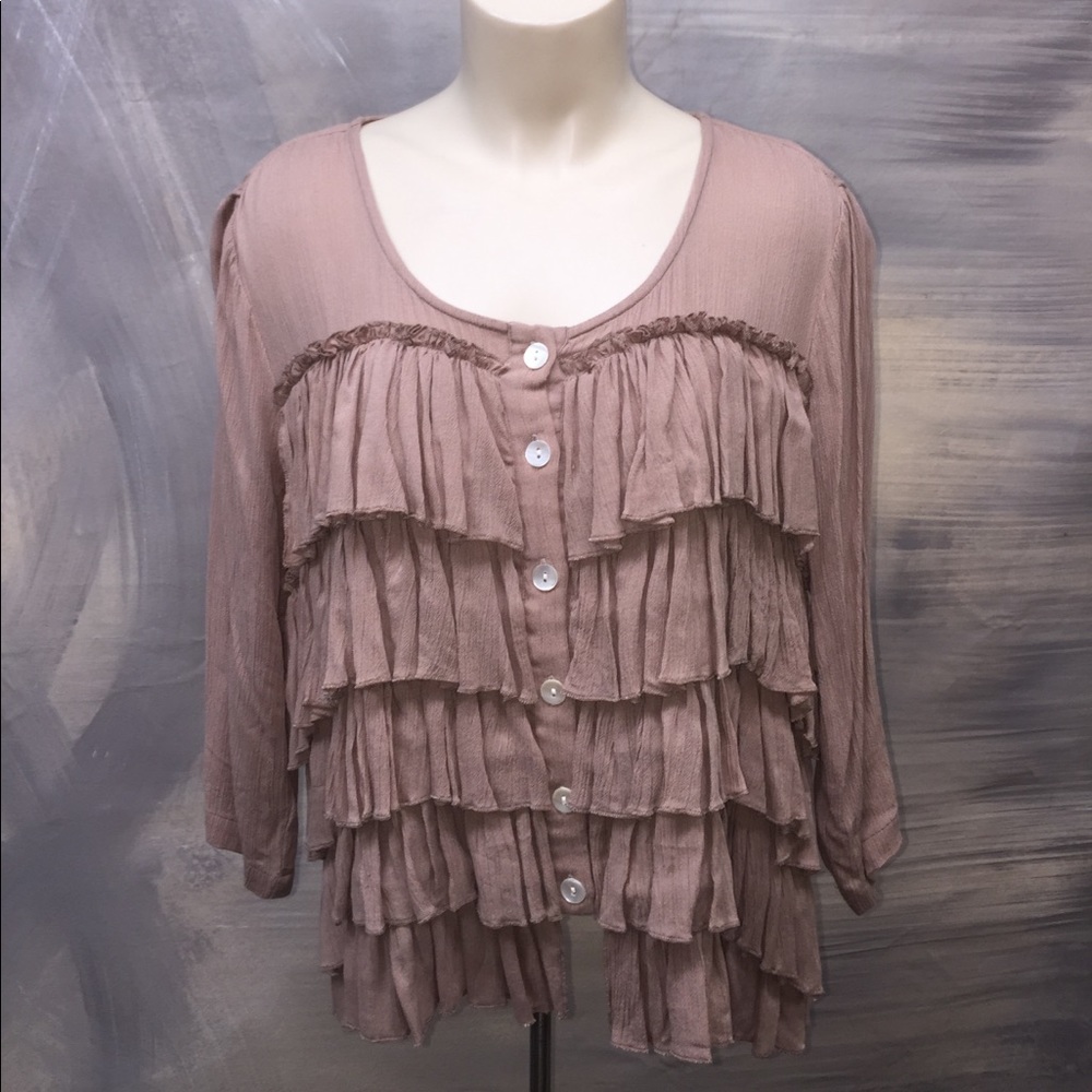 Tan Button Down Ruffled Shirt - image 1