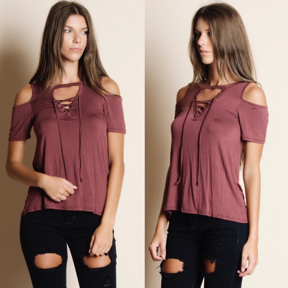 EVA Lace Up Cold Shoulder Top - RED BEAN - Picture 1 of 2