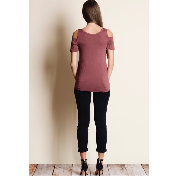EVA Lace Up Cold Shoulder Top - RED BEAN - Picture 2 of 2