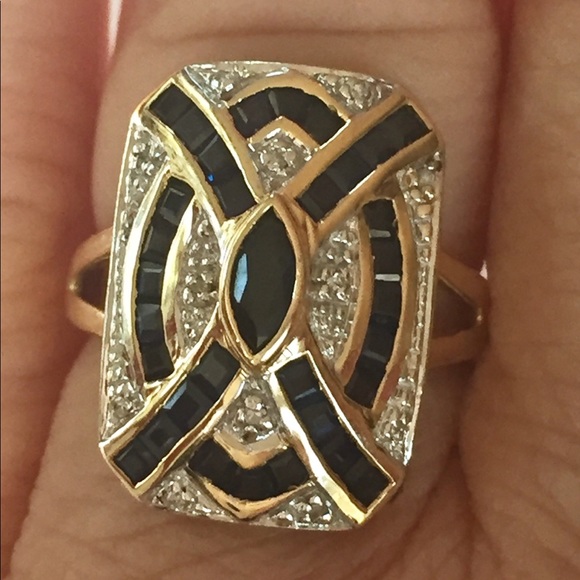 Fine Jewelry Jewelry - 14kt yellow gold sapphire & diamond Art Deco ring
