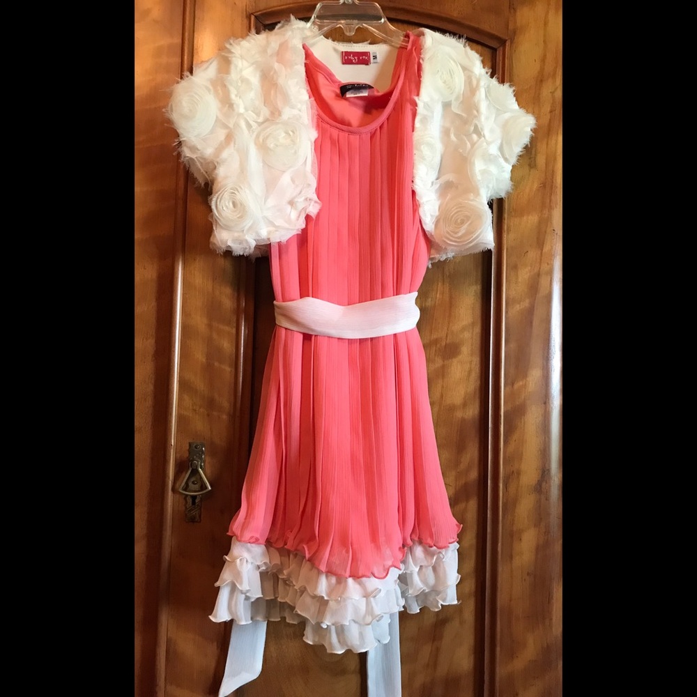 Pink kids dress, matching white mini cardigan