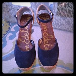 Blue suede wedges