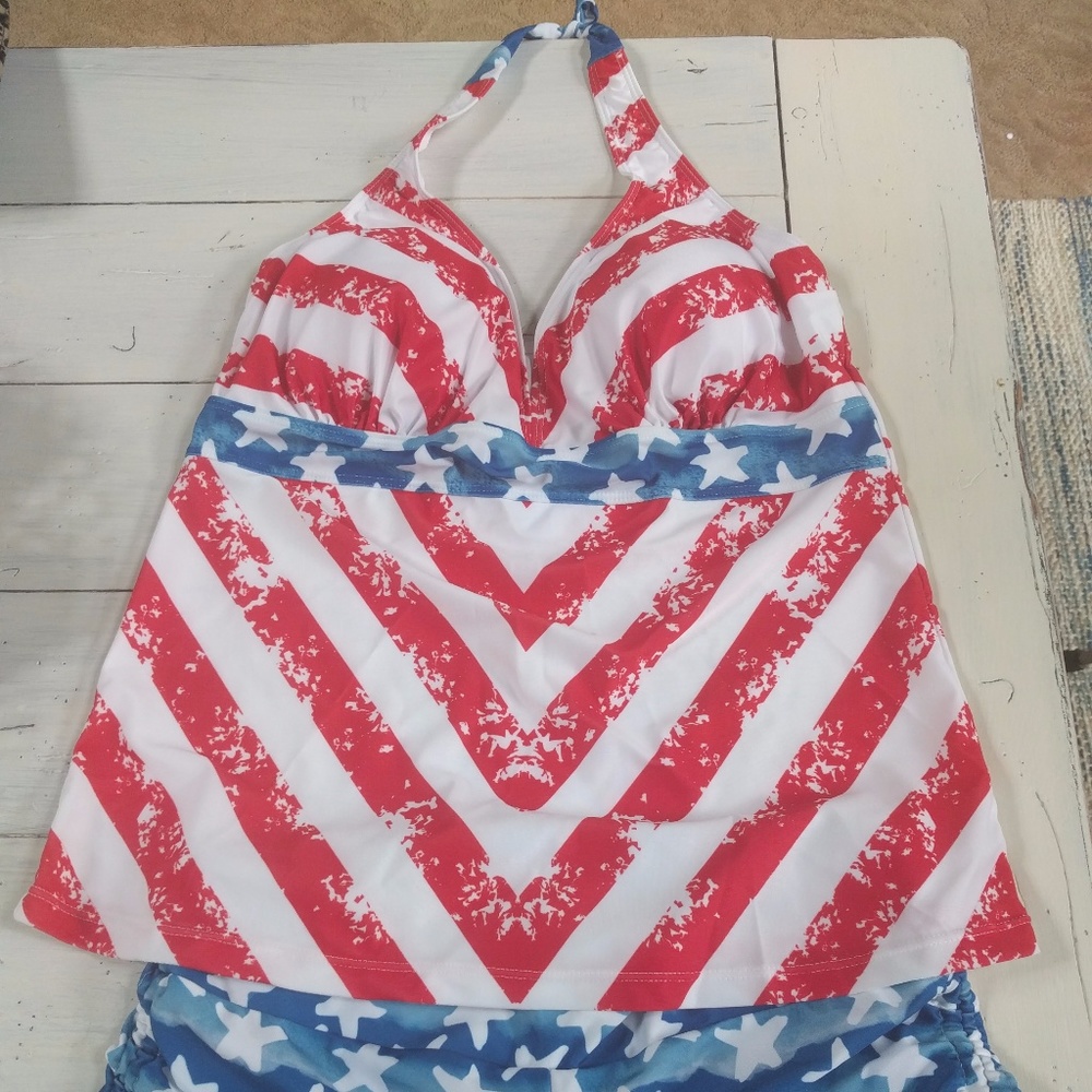 red, white, and blue stars/stripes tankini set