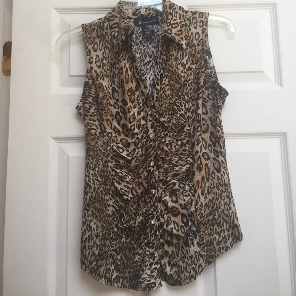 INC leopard button up collared blouse