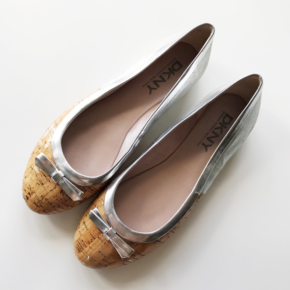 DKNY Silver Metallic Trim & Bow Cork Ballet Flats