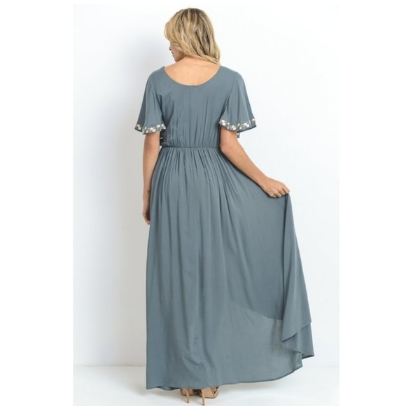 Faux wrap maxi dress kale green floral embroidery - Picture 2 of 6