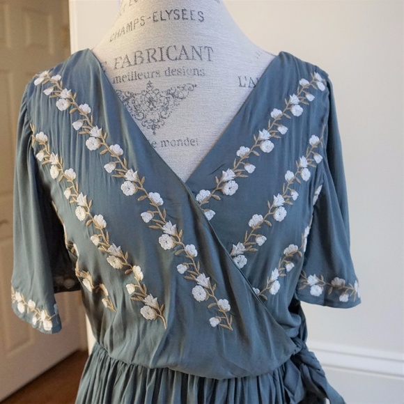 Faux wrap maxi dress kale green floral embroidery - Picture 3 of 6