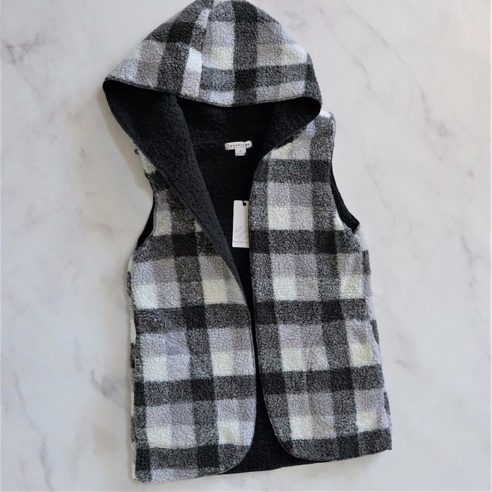 Fleece shearling plaid hooded vest tunic length - Picture 4 of 6