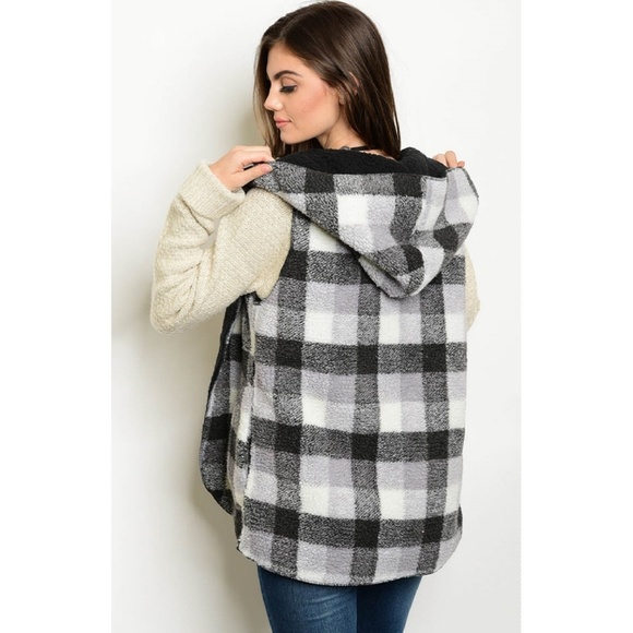 Fleece shearling plaid hooded vest tunic length - Picture 2 of 6