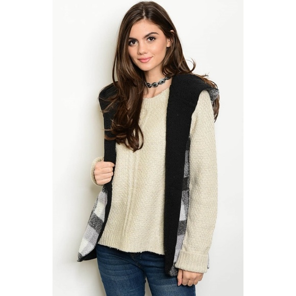 Fleece shearling plaid hooded vest tunic length - Picture 3 of 6
