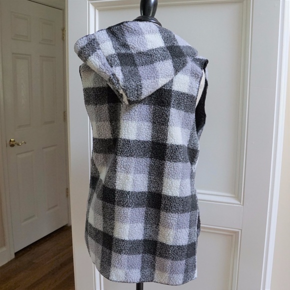 Fleece shearling plaid hooded vest tunic length - Picture 6 of 6