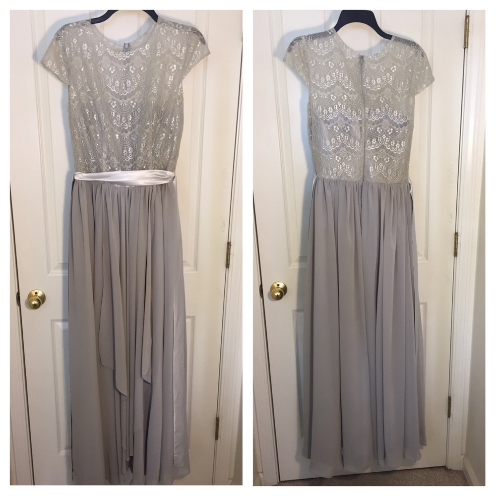 Grey-silver floor-length formal dress.