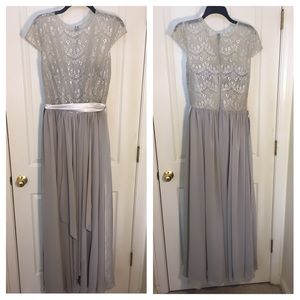 Grey-silver floor-length formal dress.