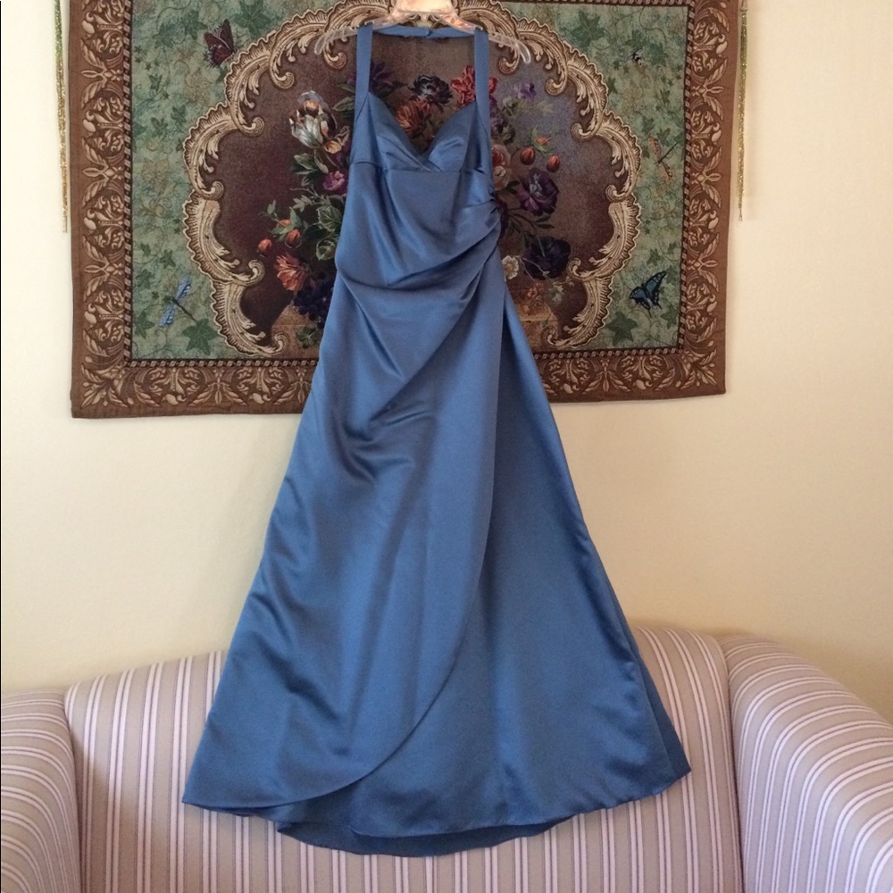 Medium blue halter bridesmaid dress
