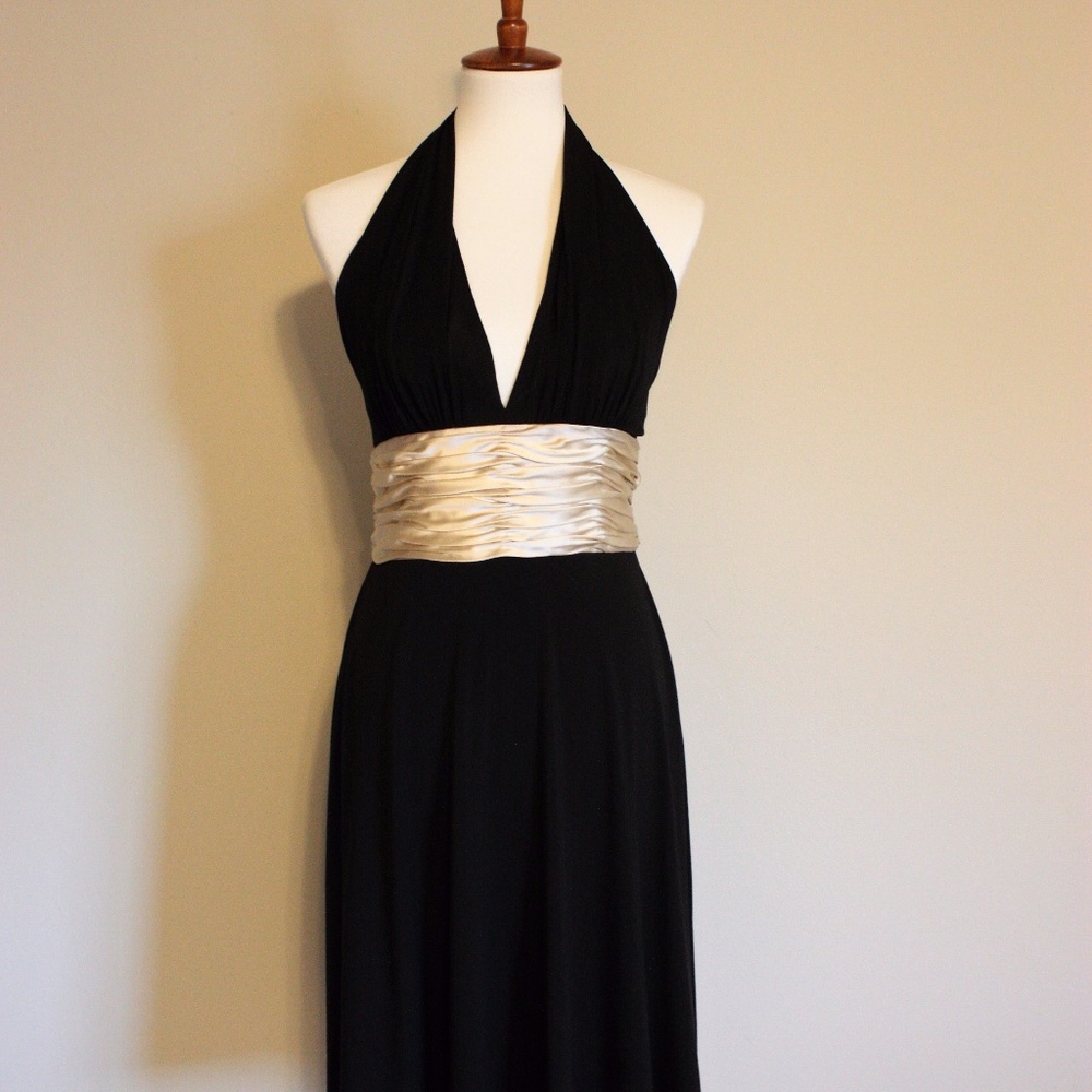 Maggy London Black Gold Halter Cocktail Dress