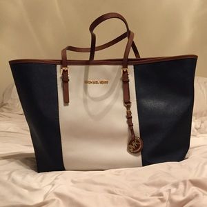 Michael Kors navy, white, and brown bag