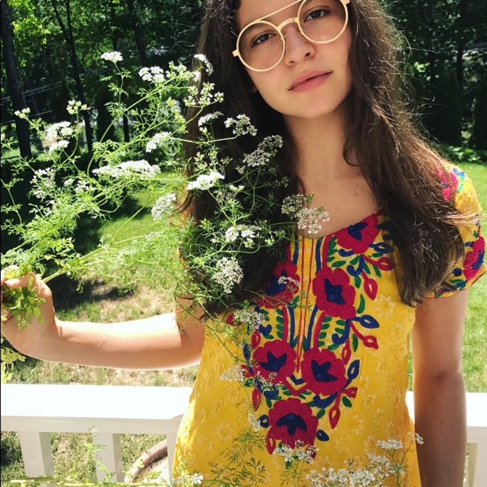 Vintage Yellow Embroidered Boho Mini Dress Tunic