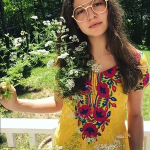 Vintage Yellow Embroidered Boho Mini Dress Tunic