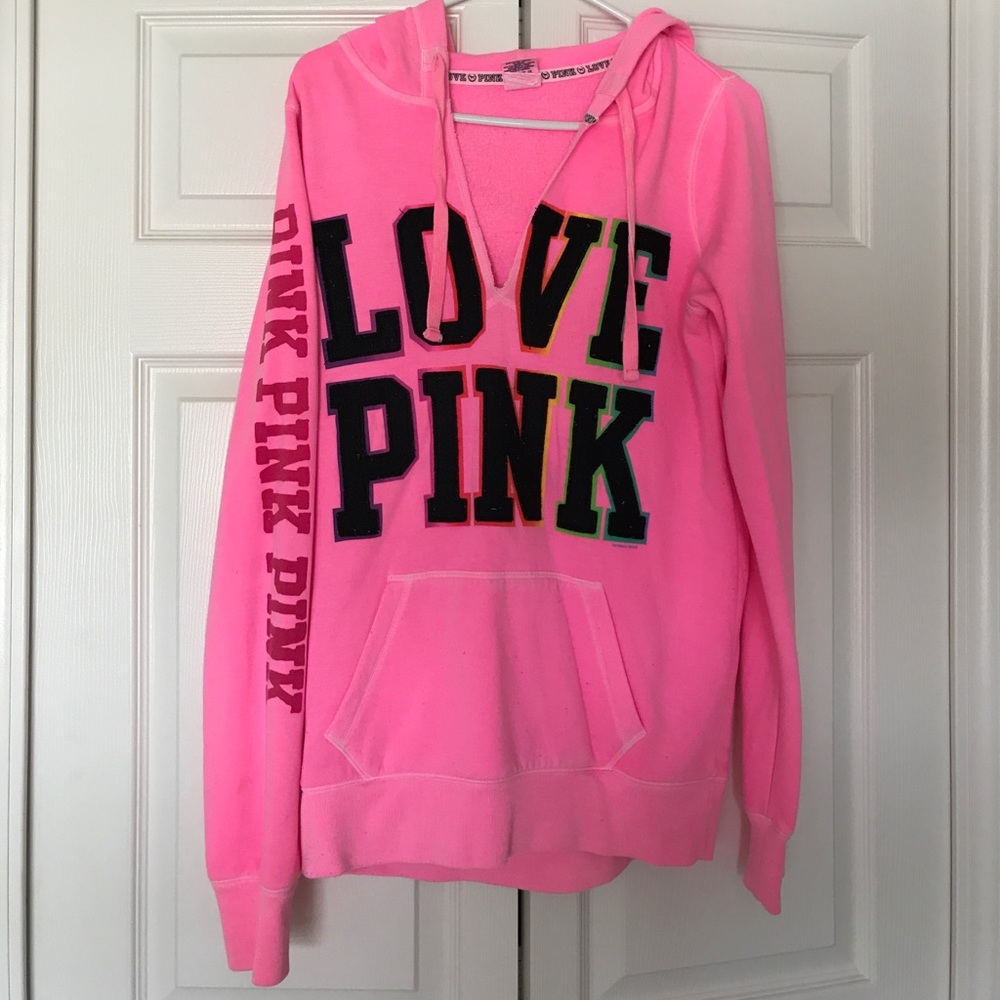 SOLD PINK V Neck Hooded Sweatershirt