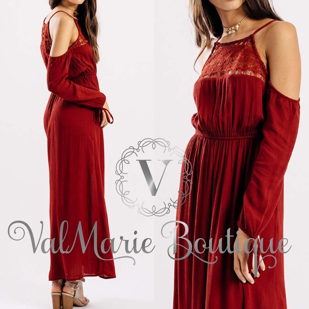 Brick Red Cold Shoulder Crochet Accent Maxi Dress - Picture 2 of 3