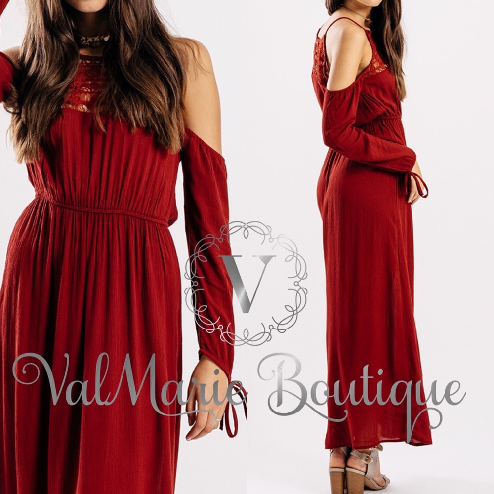 Brick Red Cold Shoulder Crochet Accent Maxi Dress - Picture 3 of 3