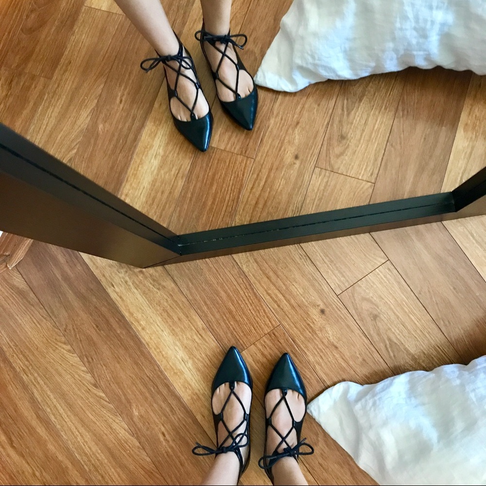 Saks Fifth Ave Black Leather Lace Up Flats