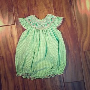 Smocked seersucker romper