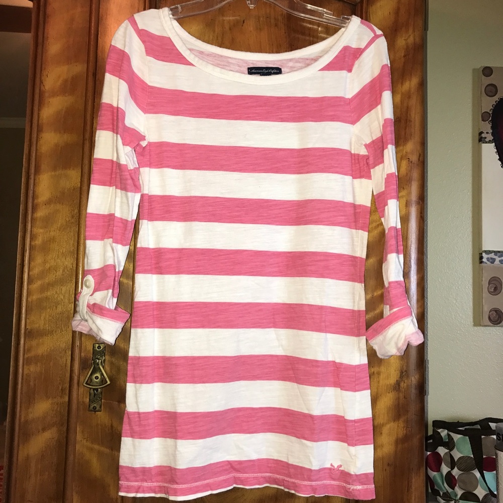 Pink and white striped, long sleeve/roll up -Small