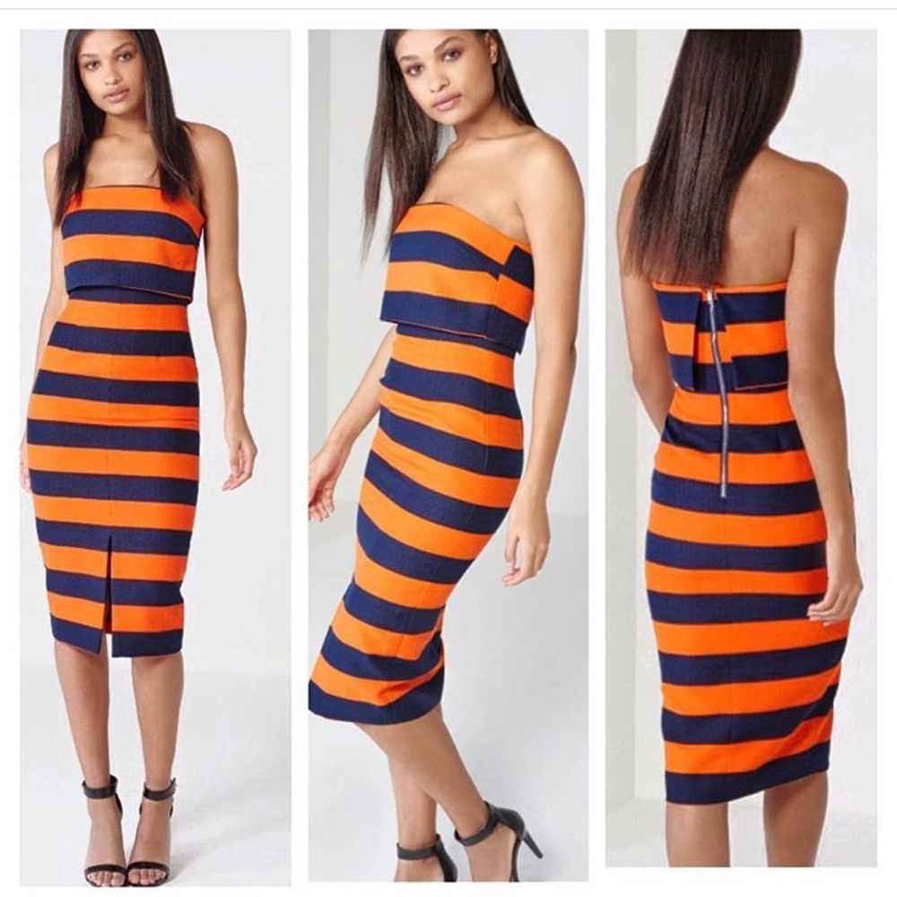 strapless dress orange and navy