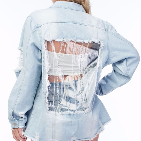 See-Thru Back Distressed Denim Jacket - Picture 2 of 5