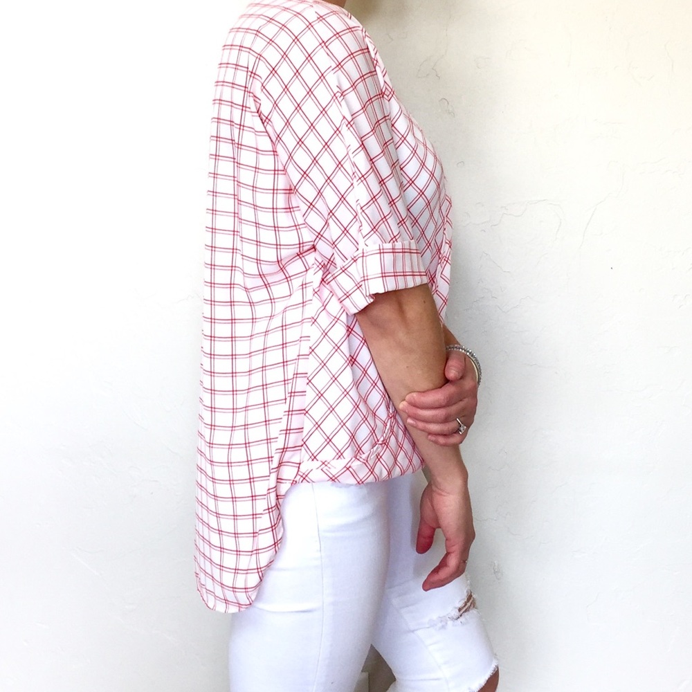 SOLD! Red & White Plaid Chiffon Top - Picture 1 of 5