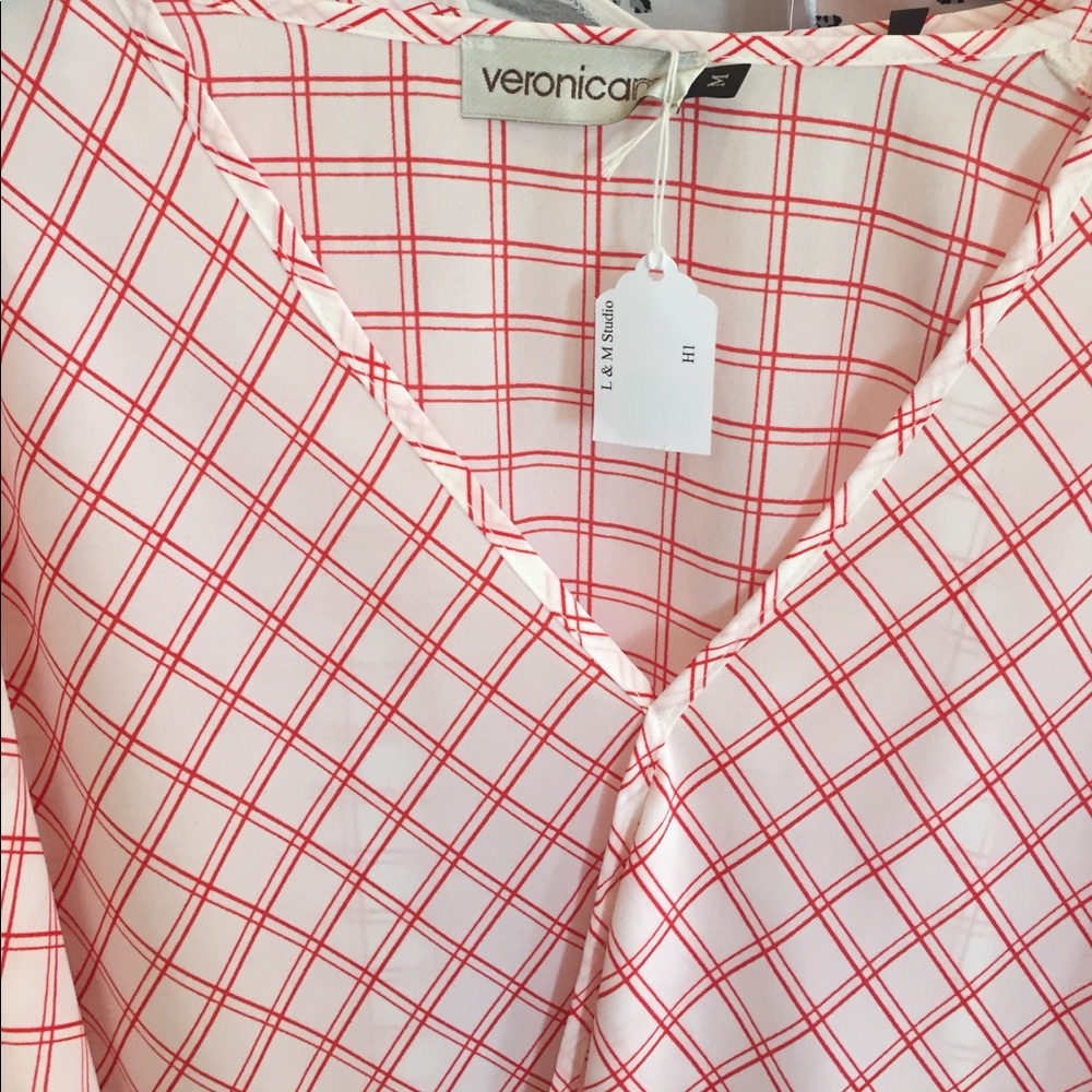 SOLD! Red & White Plaid Chiffon Top - Picture 4 of 5