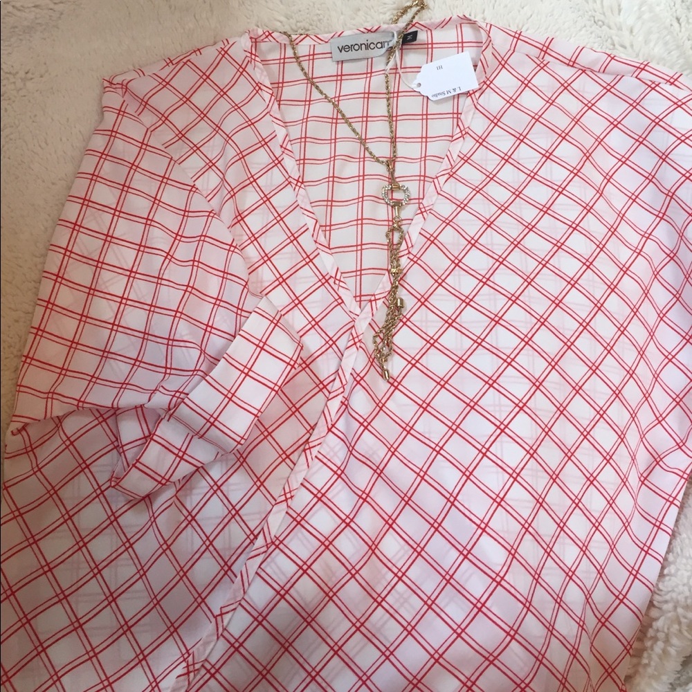 SOLD! Red & White Plaid Chiffon Top - Picture 5 of 5