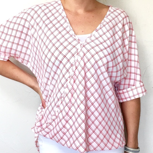 SOLD! Red & White Plaid Chiffon Top - Picture 2 of 5