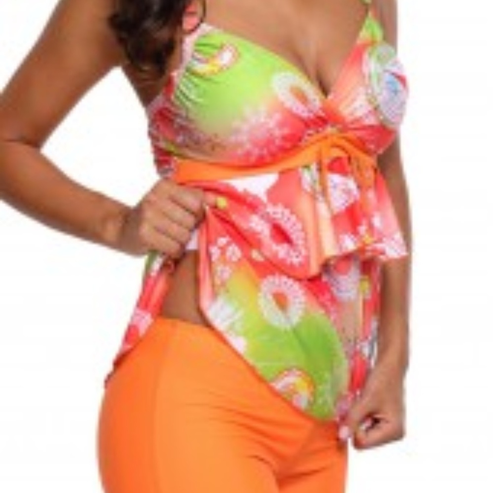 Orange, green, and pink printed Tankini Set