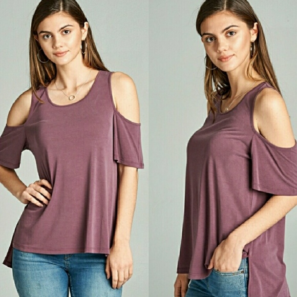 Plum round neck open shoulder Jersey top. - Picture 2 of 4